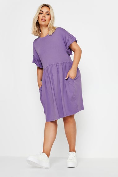 Yours Curve Purple Acid Wash Frill Sleeve Mini Dress