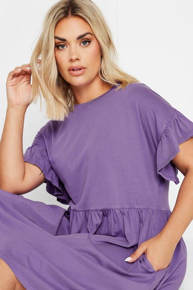 Yours Curve Purple Acid Wash Frill Sleeve Mini Dress