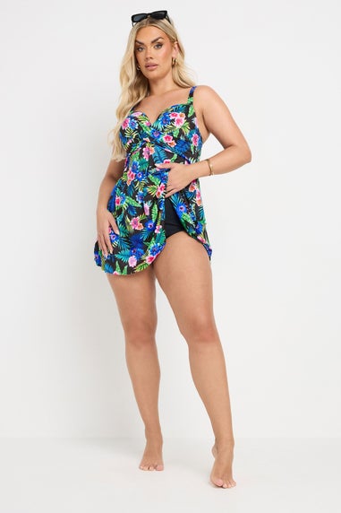 Yours Curve Black Tropical Print Premium Underwired Tankini Top