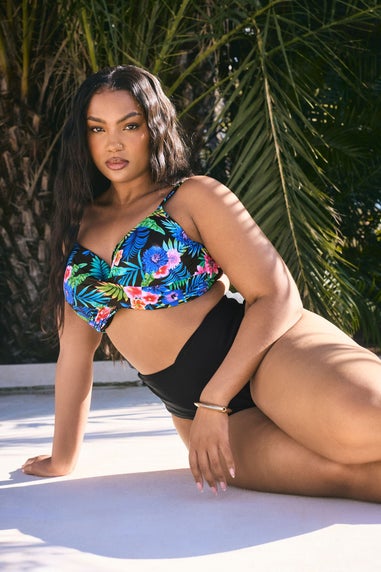 Yours Curve Black Tropical Print Premium Underwired Bikini Top