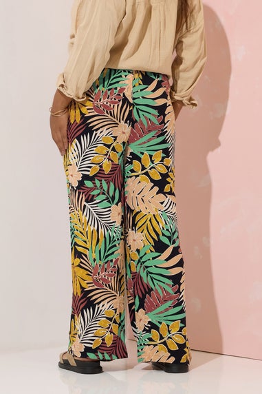 Yours Curve Black Tropical Print Wide Leg Trousers