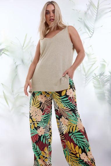 Yours Curve Black Tropical Print Wide Leg Trousers