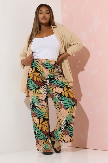Yours Curve Black Tropical Print Wide Leg Trousers