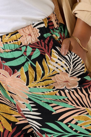 Yours Curve Black Tropical Print Wide Leg Trousers