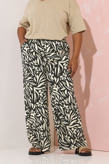 Yours Curve Black Floral Print Wide Leg Trousers