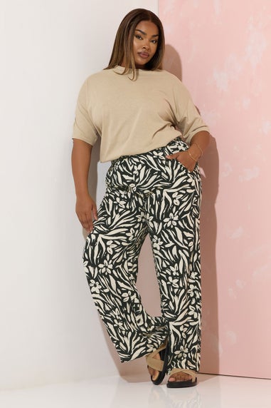 Yours Curve Black Floral Print Wide Leg Trousers