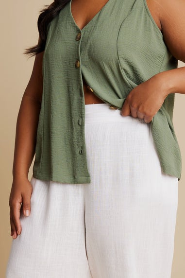 Yours Curve White Linen Cropped Wide Leg Trousers