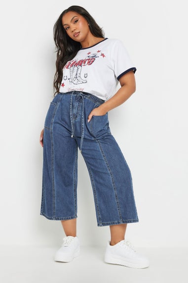 Yours Curve Blue Wide Leg Cropped Denim Jeans