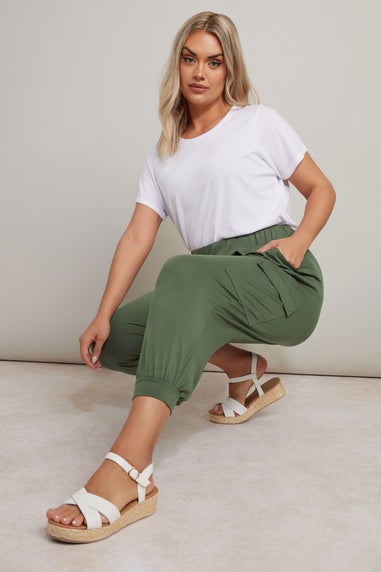 Yours Curve Khaki Green Cropped Cargo Harem Trousers