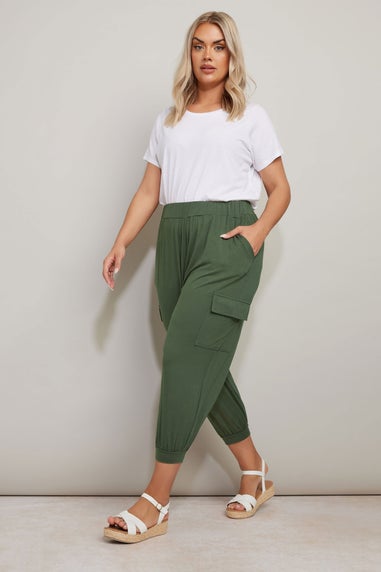 Yours Curve Khaki Green Cropped Cargo Harem Trousers