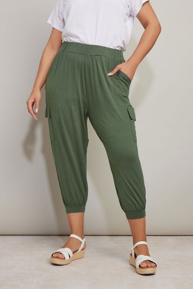 Yours Curve Khaki Green Cropped Cargo Harem Trousers