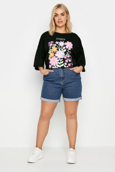 Yours Curve Dark Blue Turn Up Stretch MOM Shorts