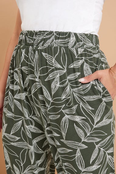 Yours Curve Khaki Green Leaf Print Cropped Harem Trousers