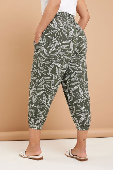 Yours Curve Khaki Green Leaf Print Cropped Harem Trousers