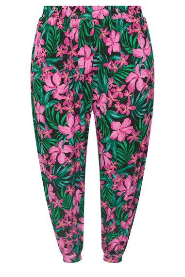 Yours Curve Black Tropical Floral Print Cropped Harem Trousers