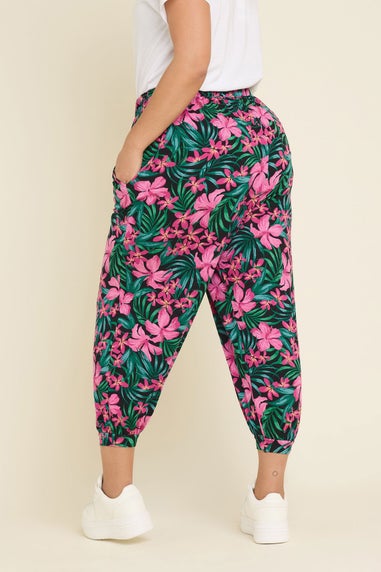 Yours Curve Black Tropical Floral Print Cropped Harem Trousers