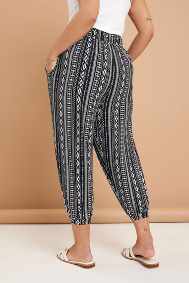 Yours Curve Black Aztec Stripe Cropped Harem Trousers