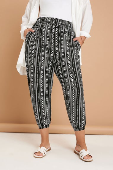 Yours Curve Black Aztec Stripe Cropped Harem Trousers