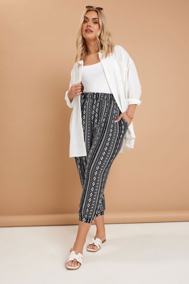 Yours Curve Black Aztec Stripe Cropped Harem Trousers