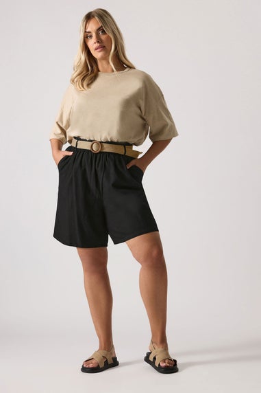 Yours Curve Black Belted Linen Shorts