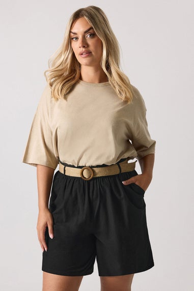 Yours Curve Black Belted Linen Shorts