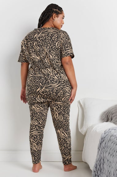 YOURS Curve Black & Brown Animal Print Pyjama Set