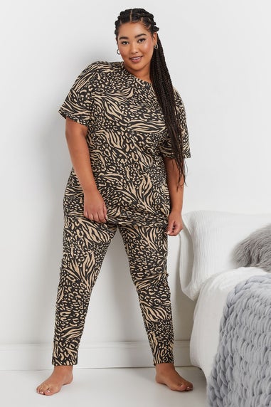 YOURS Curve Black & Brown Animal Print Pyjama Set