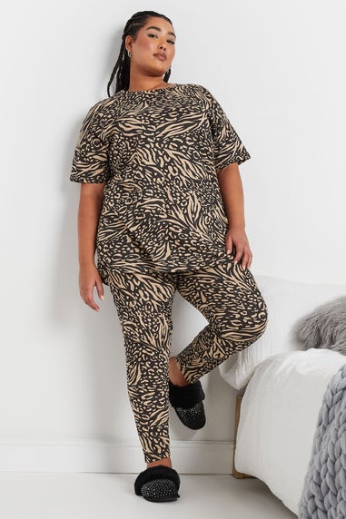 YOURS Curve Black & Brown Animal Print Pyjama Set