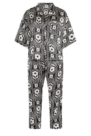 YOURS Curve Black Floral Print Satin Pyjama Set