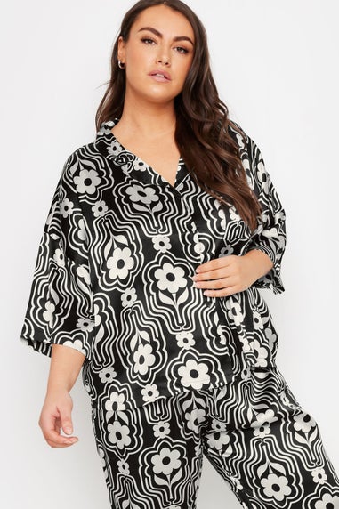 YOURS Curve Black Floral Print Satin Pyjama Set