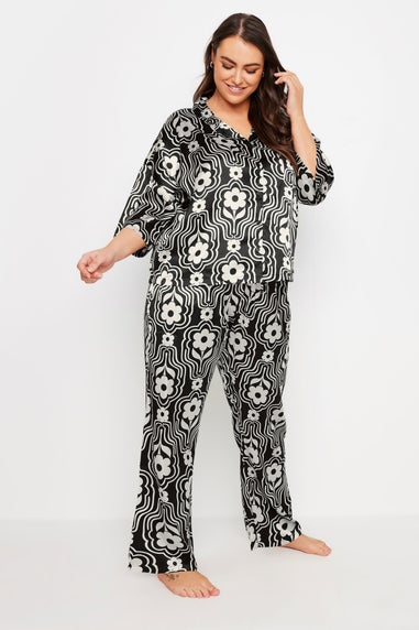 YOURS Curve Black Floral Print Satin Pyjama Set