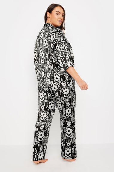 YOURS Curve Black Floral Print Satin Pyjama Set