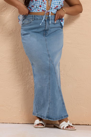Yours Curve Blue Stretch Denim Maxi Skirt