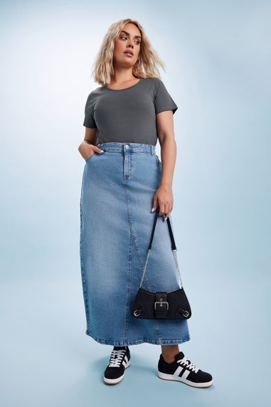 Yours Curve Blue Stretch Denim Maxi Skirt