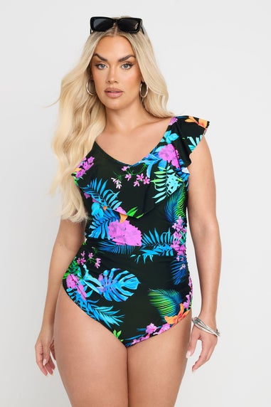 Yours Curve Black Tropical Palm Print Frilled Premium Swimsuit