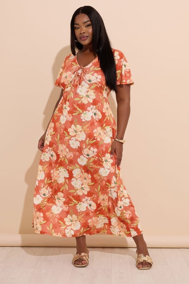 Yours Curve Rust Brown Floral Bow Front Maxi Dress