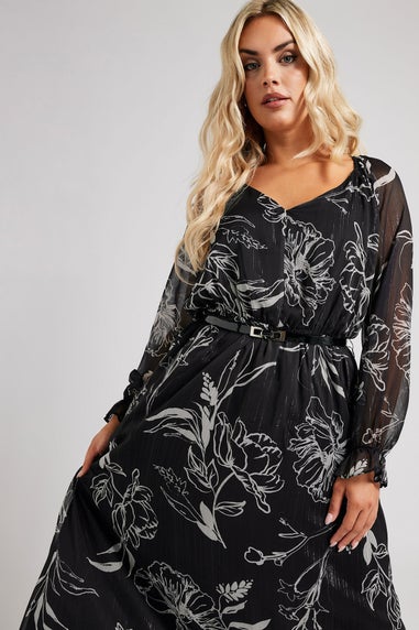 Yours London Curve Black & White Floral Print Metallic Midaxi Dress With Belt