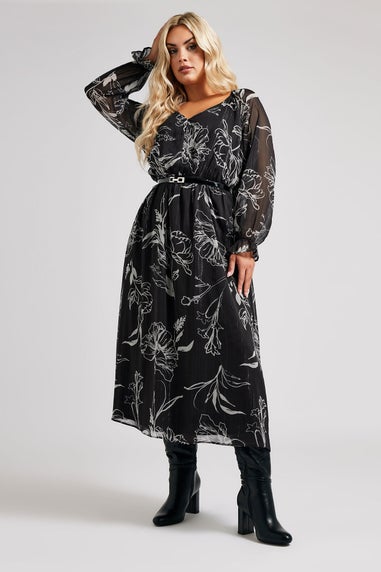 Yours London Curve Black & White Floral Print Metallic Midaxi Dress With Belt