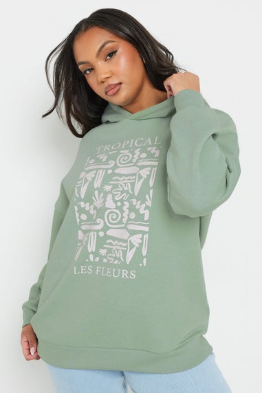Yours Curve Sage Green Tropical Abstract Print Hoodie