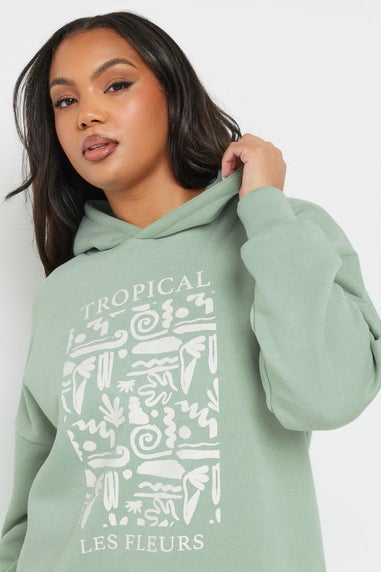 Yours Curve Sage Green Tropical Abstract Print Hoodie