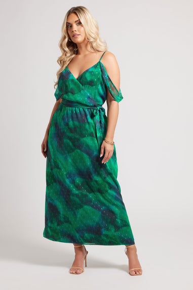 Yours London Curve Green Abstract Metallic Cold Shoulder Dress