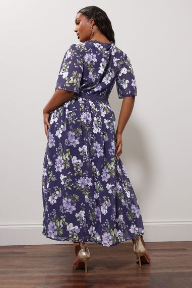Yours London Curve Navy Blue Floral Crochet Lace V-Neck Midaxi Dress