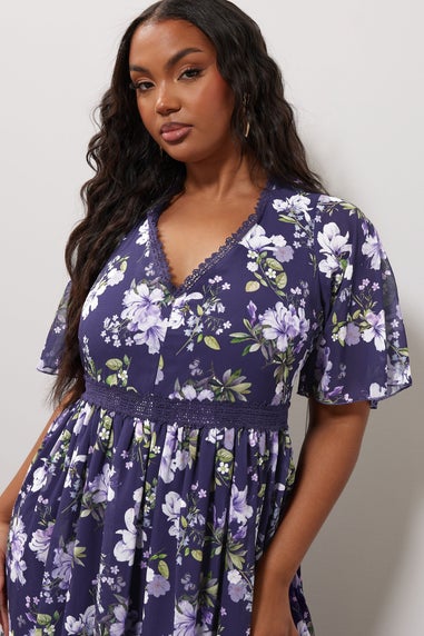 Yours London Curve Navy Blue Floral Crochet Lace V-Neck Midaxi Dress