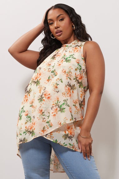 YOURS LONDON Curve Ivory White Floral High Neck Layered Blouse