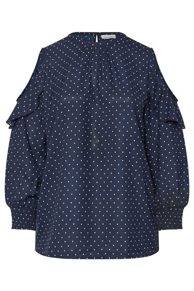 YOURS LONDON Curve Navy Blue Spot Print Cold Shoulder Blouse