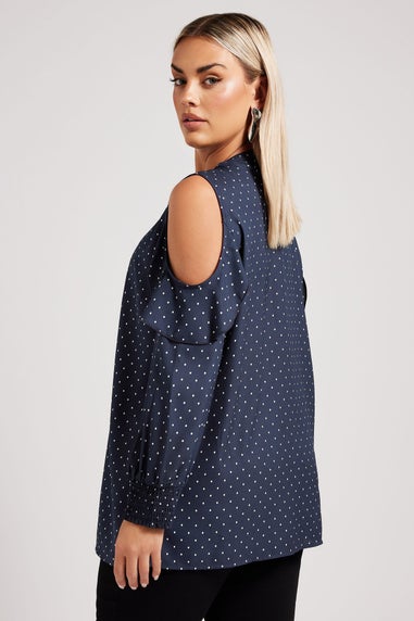 YOURS LONDON Curve Navy Blue Spot Print Cold Shoulder Blouse