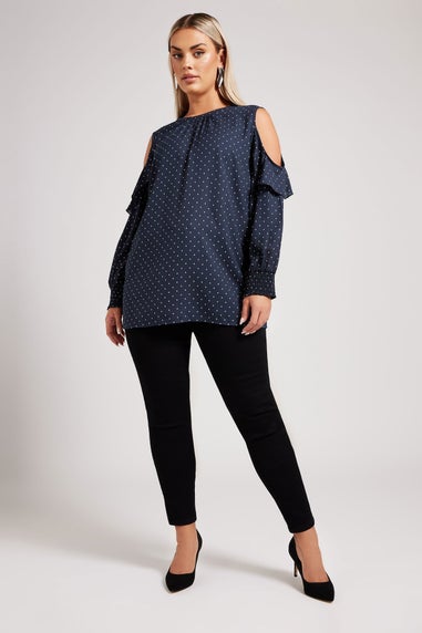 YOURS LONDON Curve Navy Blue Spot Print Cold Shoulder Blouse