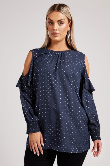 YOURS LONDON Curve Navy Blue Spot Print Cold Shoulder Blouse