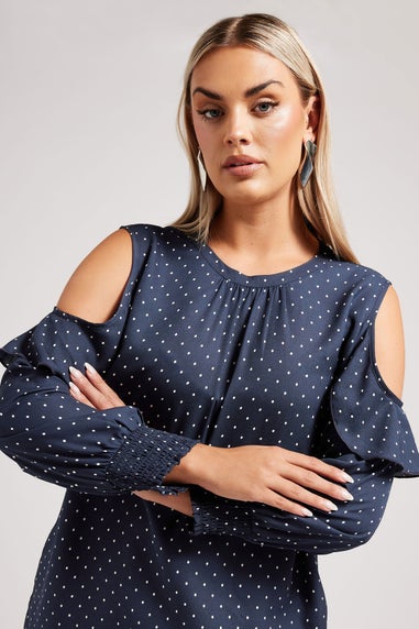YOURS LONDON Curve Navy Blue Spot Print Cold Shoulder Blouse