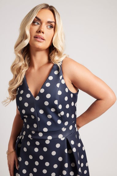 Yours London Curve Navy Blue Polka Dot Pleated Midi Dress